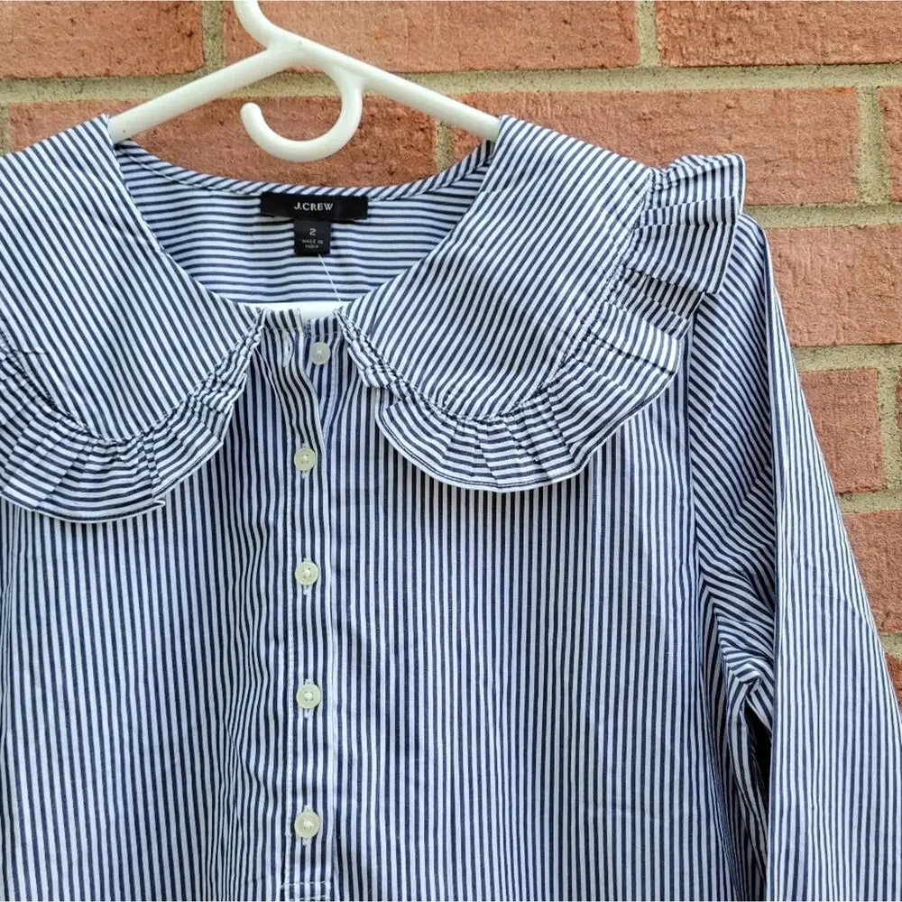 J. Crew Blue and White Striped Button-Down Top with Peter Pan Collar - Picture 4 of 7